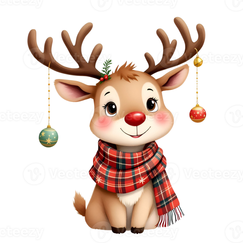 A cute reindeer with red nose and scarf png