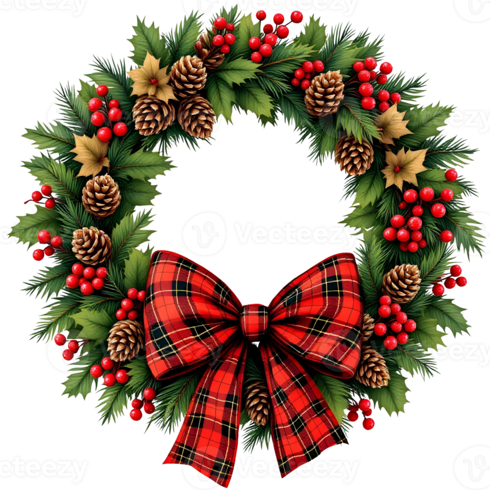 A christmas wreath with red berries and a bow png