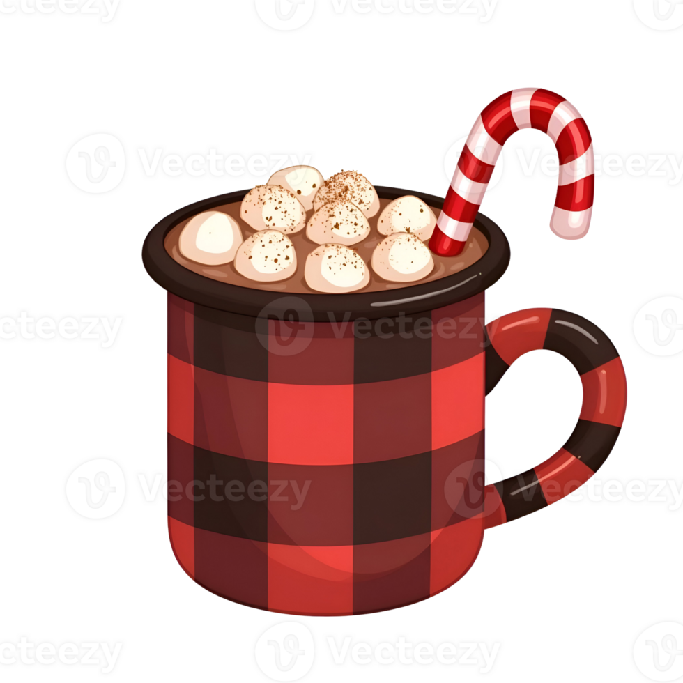 Hot chocolate with marshmallows and candy cane png