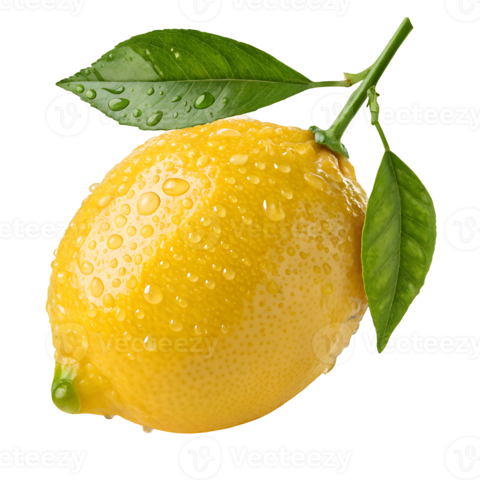 Freshly harvested lemon with green leaves showcasing vibrant yellow color and natural texture, isolated on transparent background png