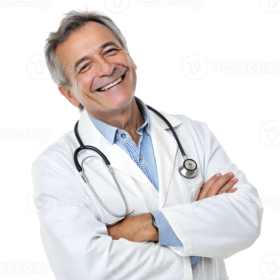 Doctor smiling confidently with arms crossed in a medical setting during daytime hours, isolated on transparent background png