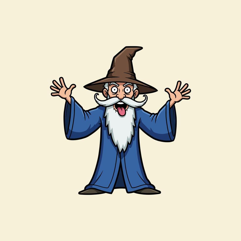 The image shows a comical cartoon wizard in a blue robe and brown hat expressing surprise with his arms outstretched. vector
