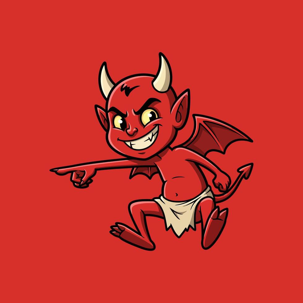 A cute cartoon devil points accusingly with a mischievous grin on its face against a solid red background. vector