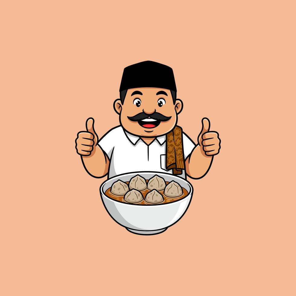 A cheerful cartoon Indonesian vendor recommends a bowl of flavorful meatball soup with a thumbs-up gesture. vector