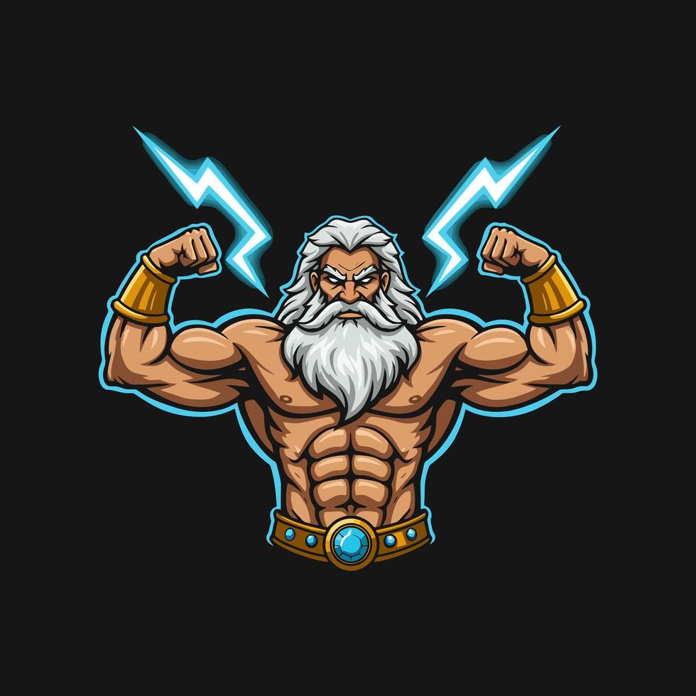 A powerful, muscular god figure flexing his biceps with lightning bolts behind him a striking depiction of strength and might. vector