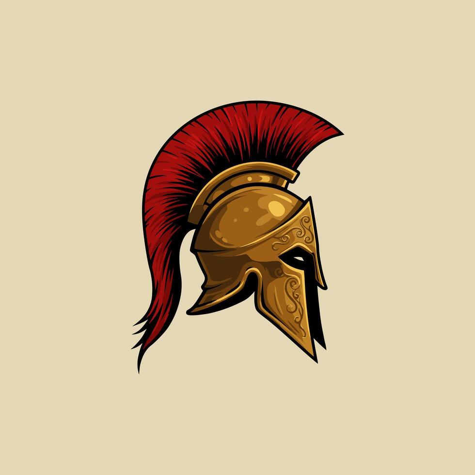 An illustration depicting a golden Spartan helmet with a red crest, showcasing ancient Greek military attire. vector