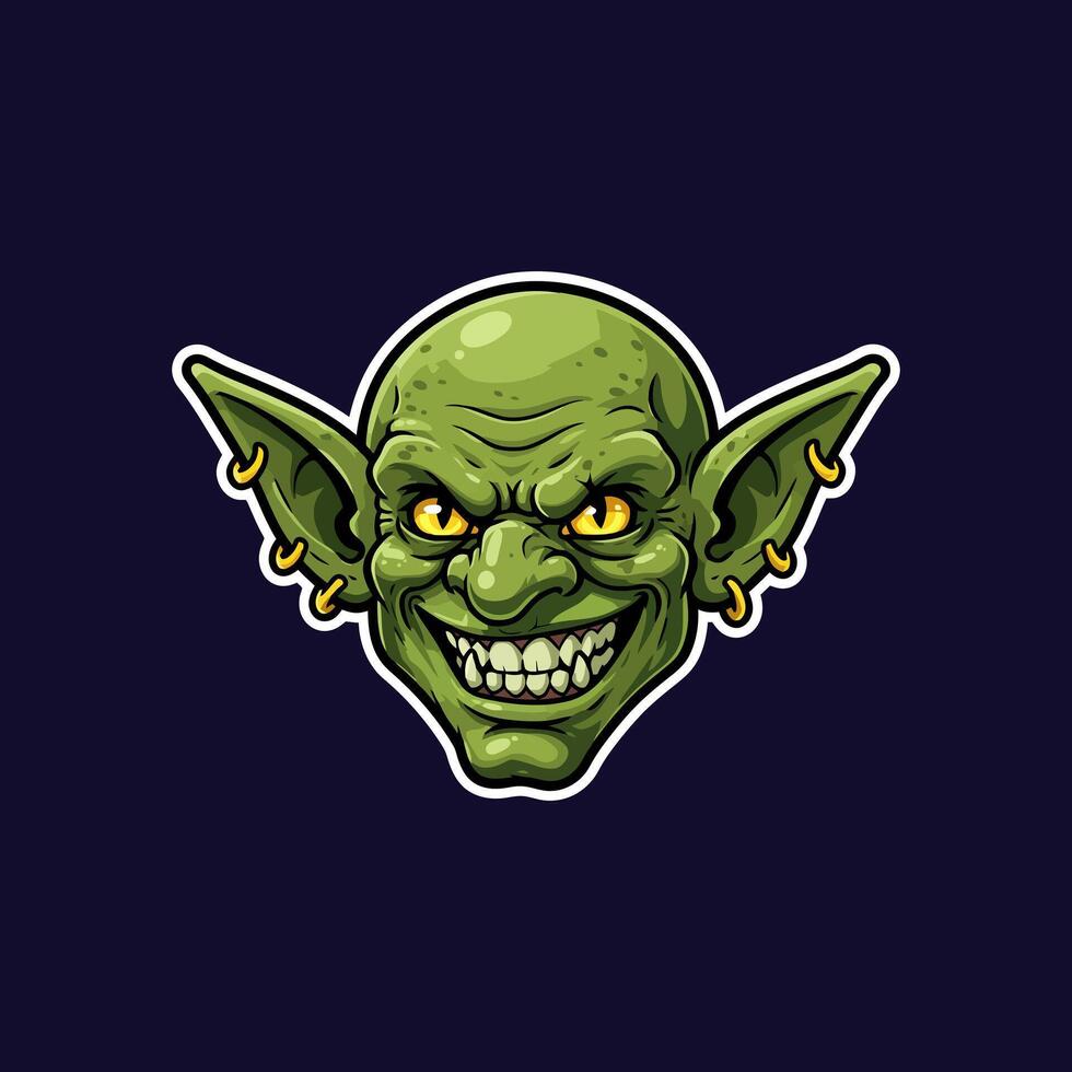 The image showcases a cartoon goblin head with a wicked smile, pointed ears, and piercing yellow eyes against a dark background. vector