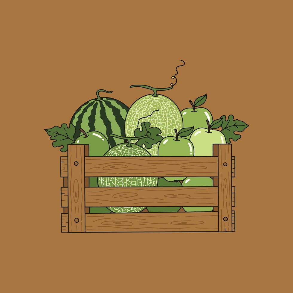 A wooden crate overflowing with a variety of fresh green fruits including watermelon, cantaloupe melons and apples. vector