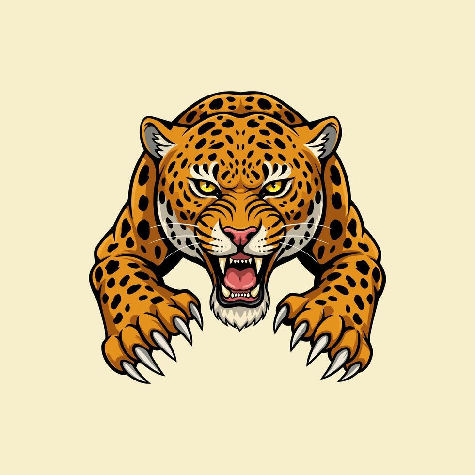 A fierce jaguar illustration showing a close up of its head and paws ready to attack. vector