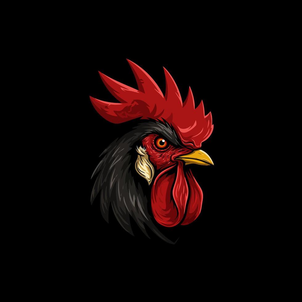 A stylized illustration of a roosters head in profile view showcasing its intense gaze and vibrant plumage. vector
