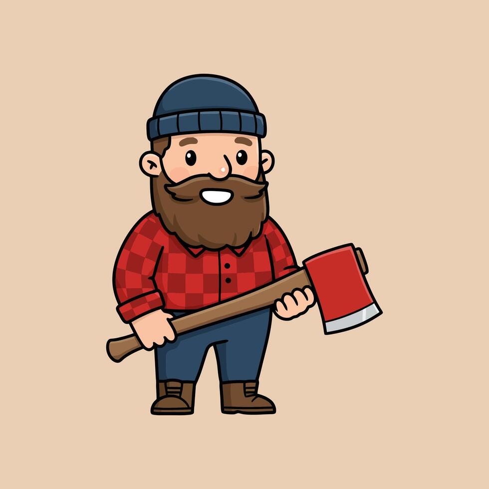 A cheerful cartoon lumberjack with a beard holds a large axe, dressed in a red plaid shirt and beanie. vector