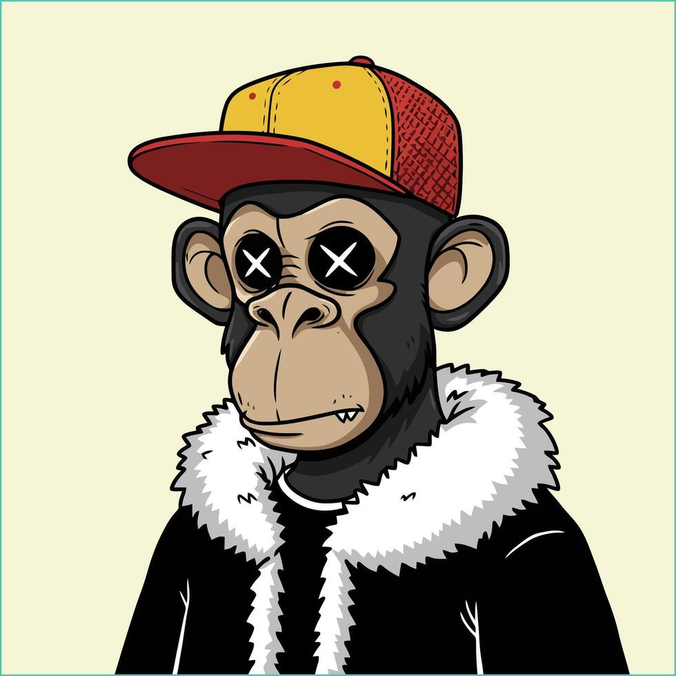 The image shows a stylized cartoon chimpanzee wearing a fashionable cap, fur-trimmed coat, and has X's over its eyes. vector