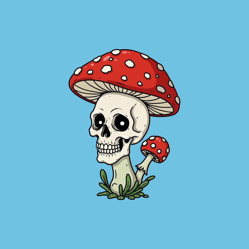 A cartoon illustration depicts a smiling skull as the stem of a red mushroom with white spots. vector