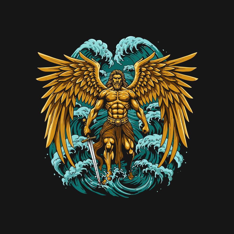 A majestic golden-winged angel warrior stands defiantly amidst crashing ocean waves, holding a sword. vector