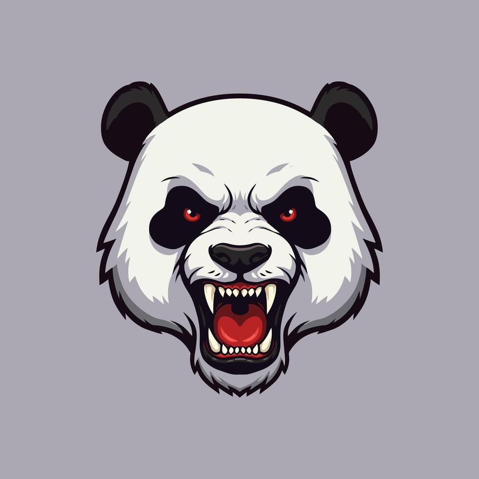 A stylized illustration depicts an angry panda head with bared teeth and glowing red eyes. vector