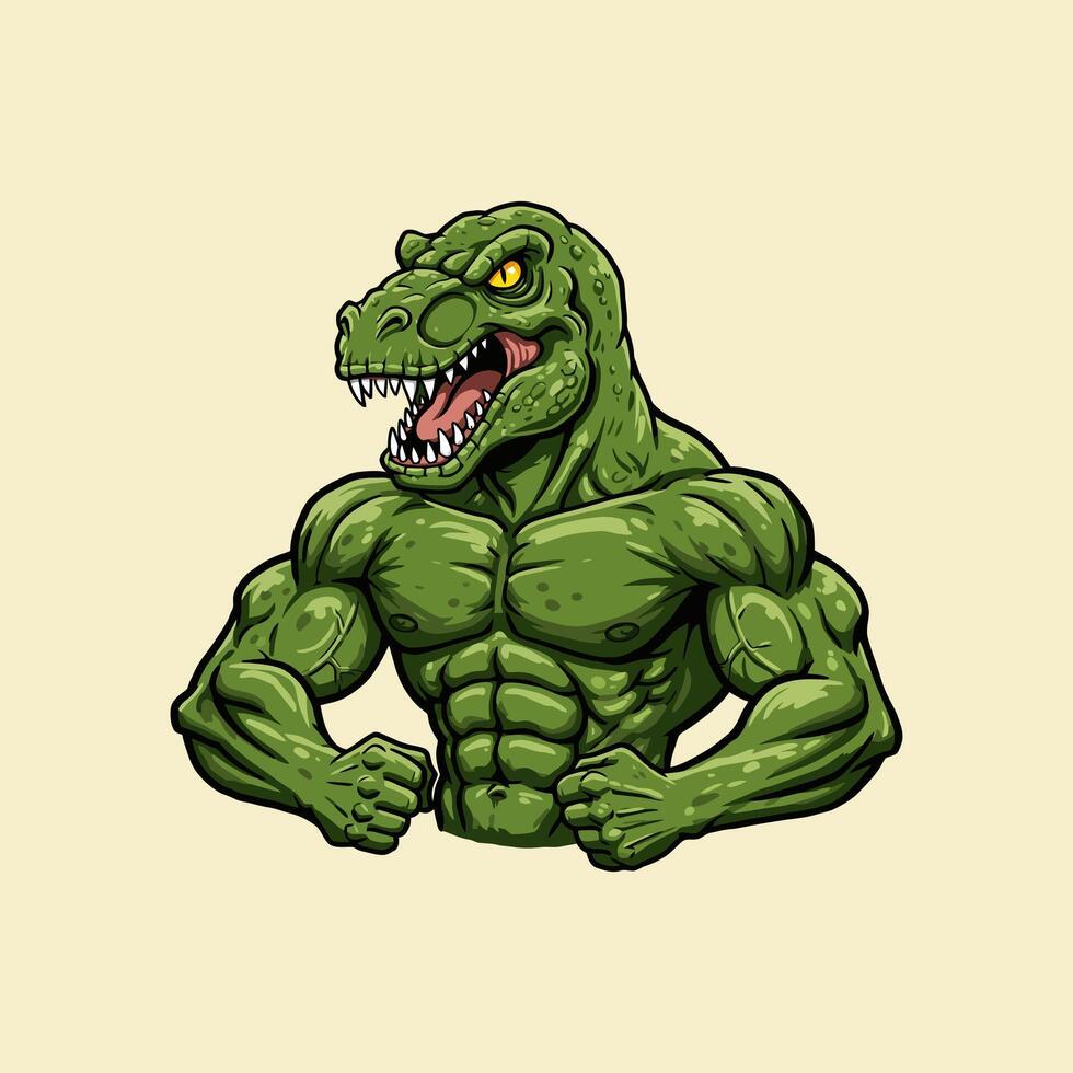 A powerful cartoon illustration of a muscular Tyrannosaurus Rex flexing its massive biceps. vector