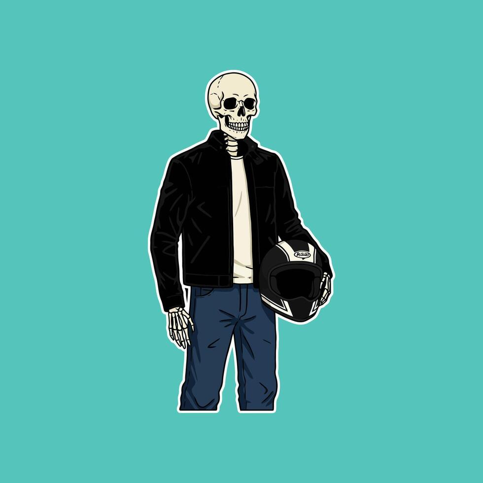 A stylized illustration of a skeleton dressed in a leather jacket and jeans, holding a motorcycle helmet. vector