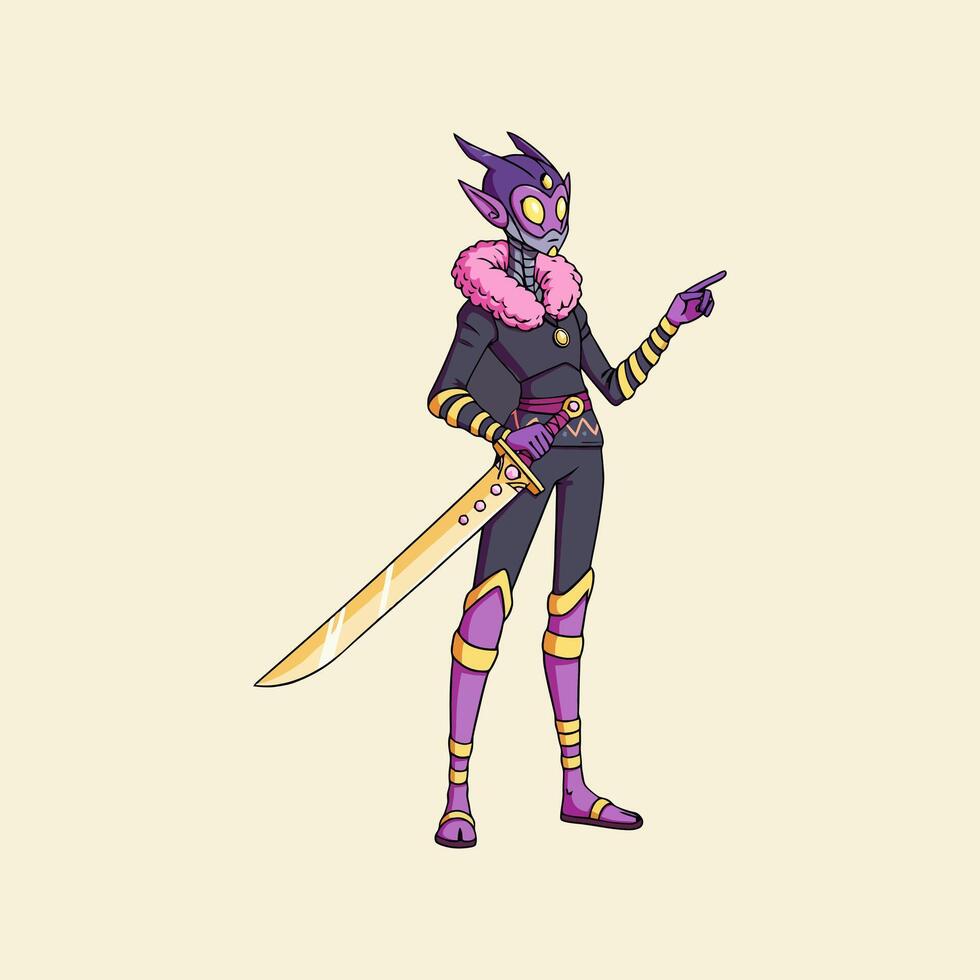 A stylized alien warrior character illustration wielding a golden sword and pointing, showcasing a fantasy design aesthetic. vector