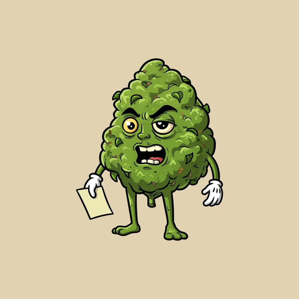 A cartoon depiction of an angry marijuana bud holding a piece of paper, showcasing a comical and vibrant style. vector