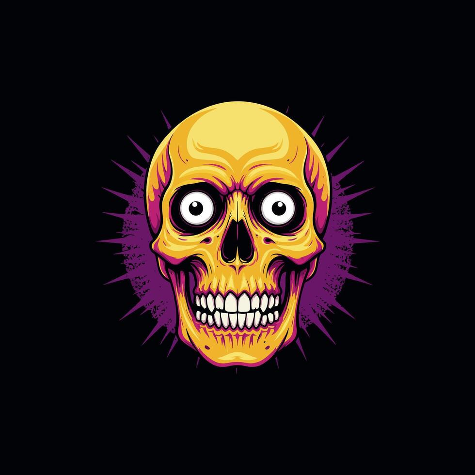 A stylized illustration of a golden skull with exaggerated features against a dark purple background. vector