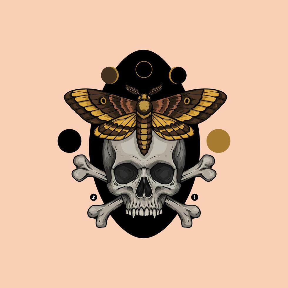 A stylized illustration depicts a moth perched atop a skull crossed with bones, surrounded by moon phases. vector