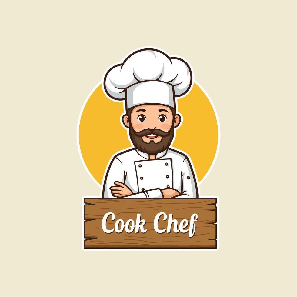 A cartoon chef with a beard wearing a chef's hat sits behind a wooden sign that says Cook Chef. vector