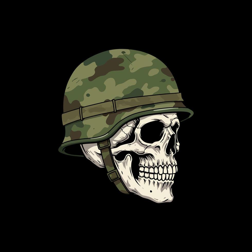 A detailed illustration depicts a human skull wearing a camouflage military helmet, symbolizing the cost of war. vector
