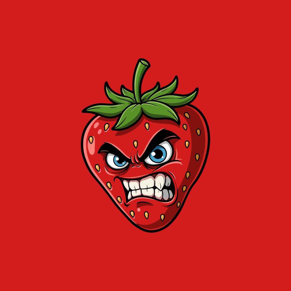A cartoon illustration of a red strawberry with an angry facial expression. vector