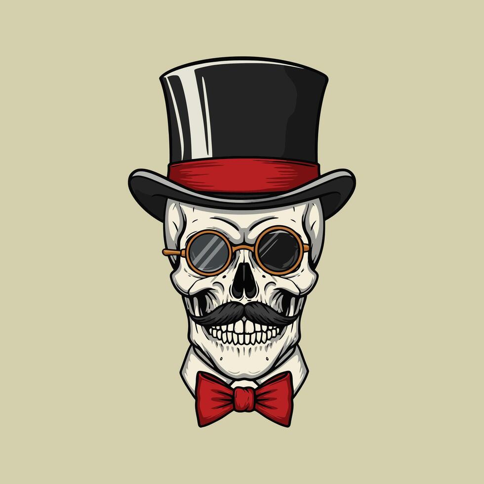 A stylized illustration of a skull dressed in formal attire including a top hat bow tie and round glasses. vector