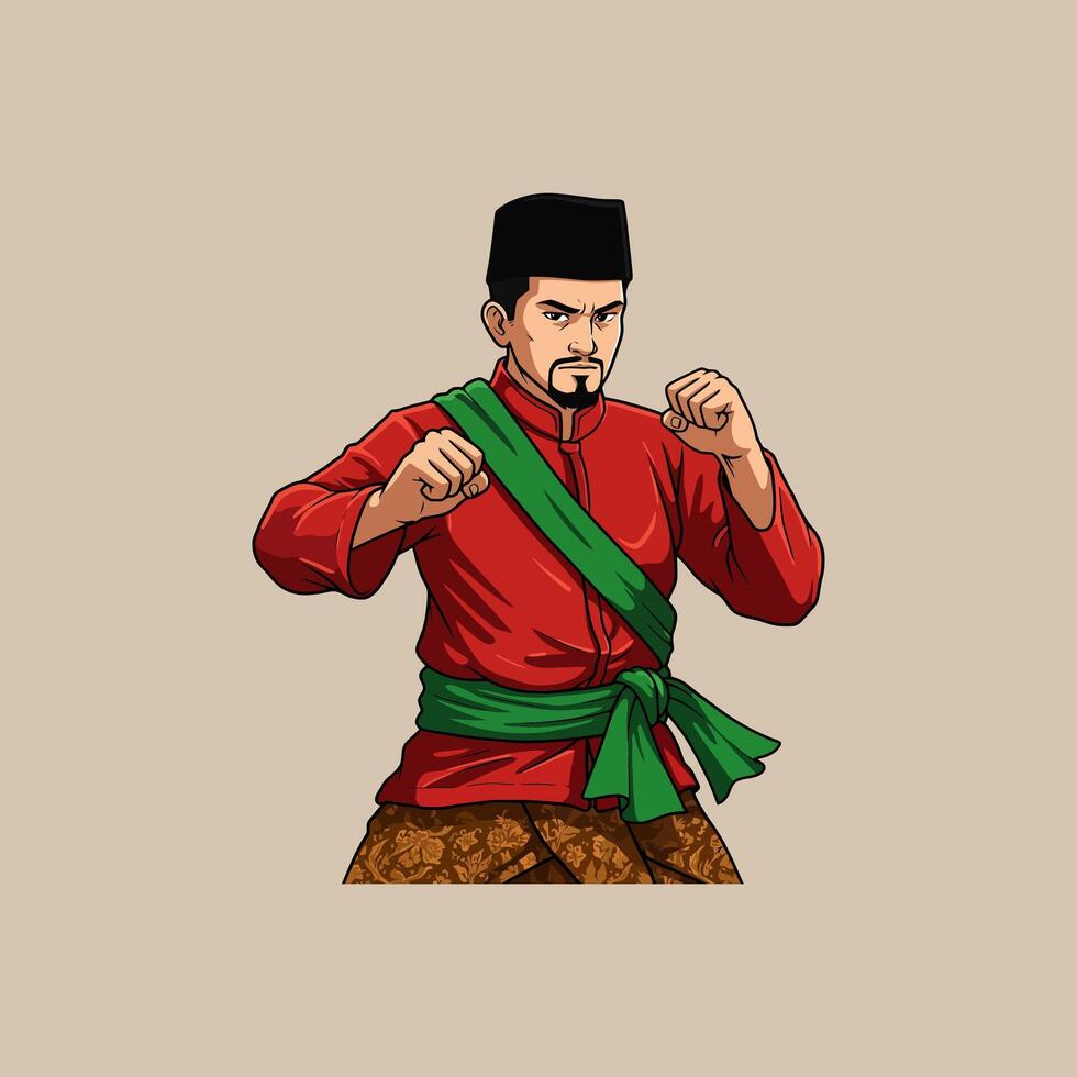 The image shows a stylized illustration of a Malay man in traditional red clothing and a green sash, poised in a fighting stance. vector