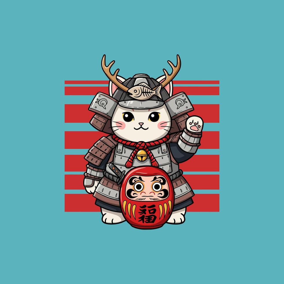 A charming cartoon illustration of a cute cat dressed as a samurai with antlers and holding a daruma doll. vector
