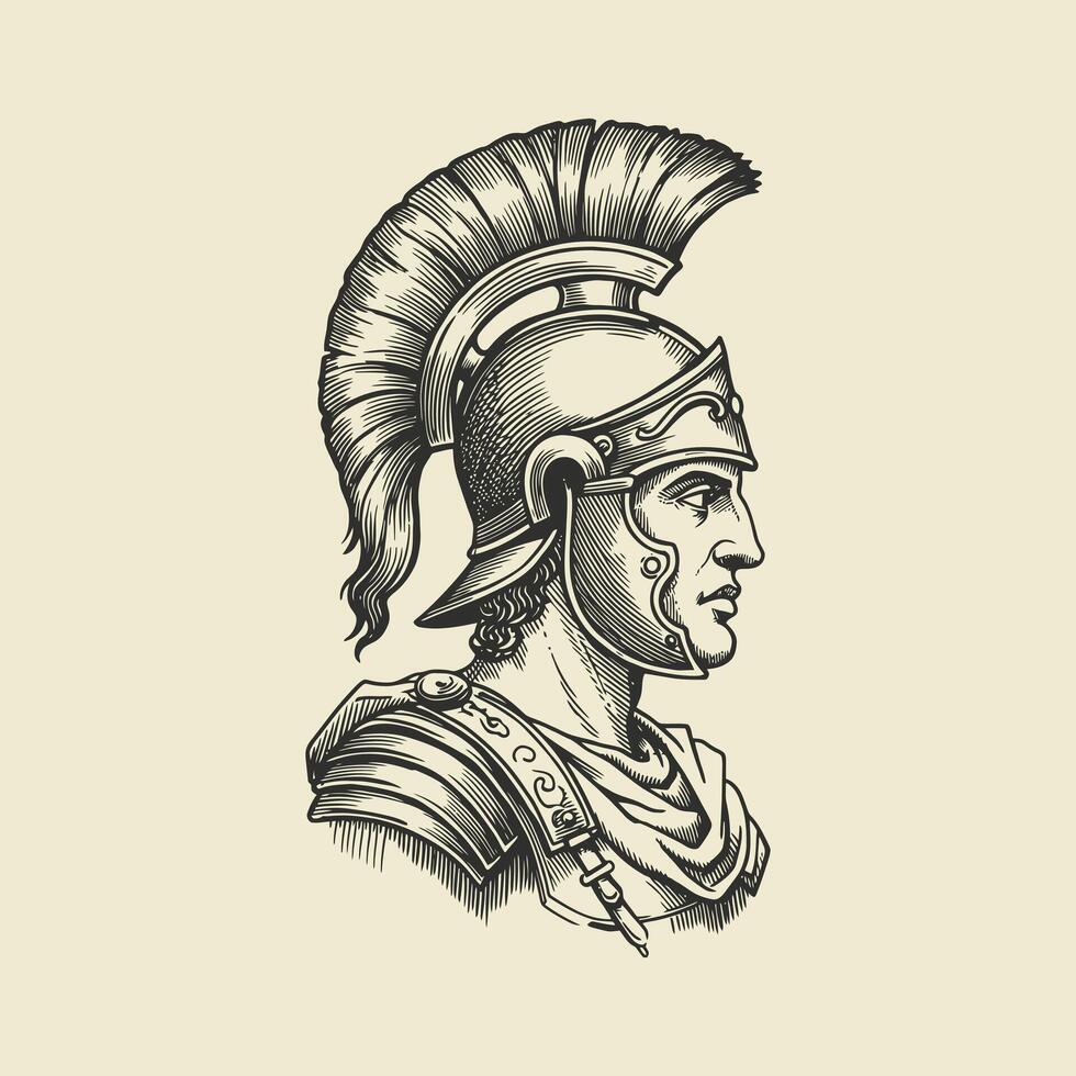 A detailed line drawing depicting the profile of a Roman centurion in full armor, showcasing his helmet and shoulder pieces. vector
