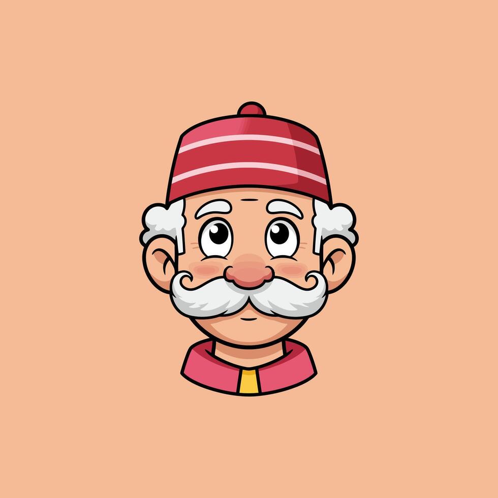 A cute cartoon illustration depicts an elderly man with a large mustache wearing a red and white striped hat. vector