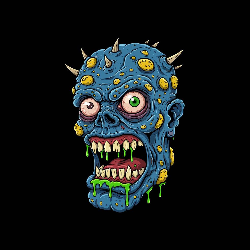 A digital illustration depicts a monstrous blue head with yellow spots, sharp spikes, dripping green slime and a wide open, snarling mouth. vector
