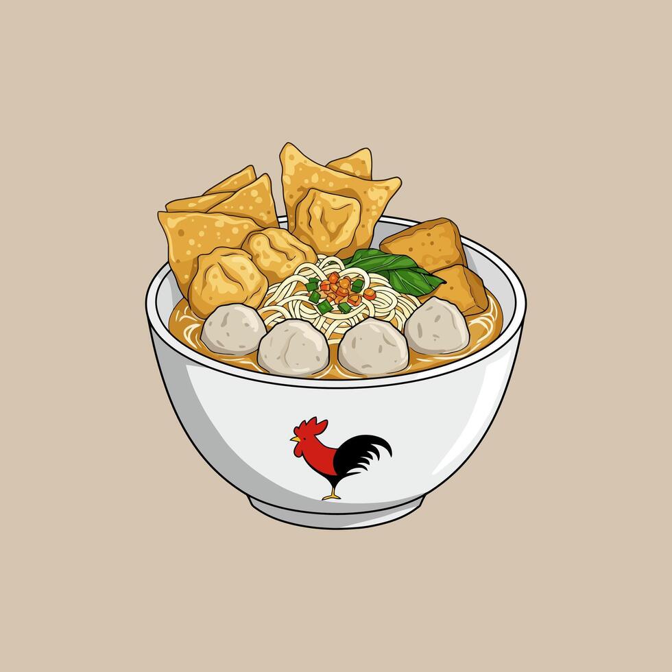 A cartoon illustration shows a white bowl of noodle soup with meatballs, crispy crackers, and a rooster logo. vector