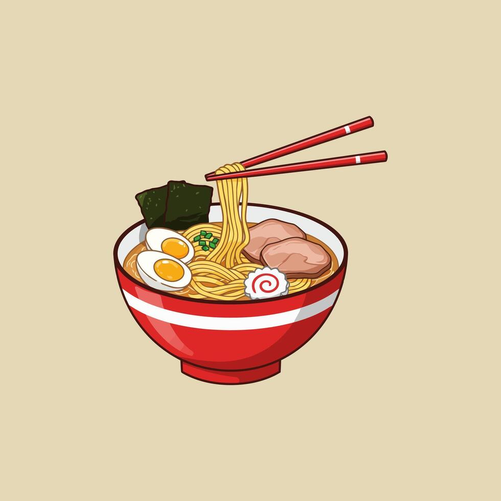 A cartoon illustration depicts a bowl of ramen noodles being lifted with chopsticks the bowl is red and white and the ramen contains sliced pork, egg, and seaweed. vector