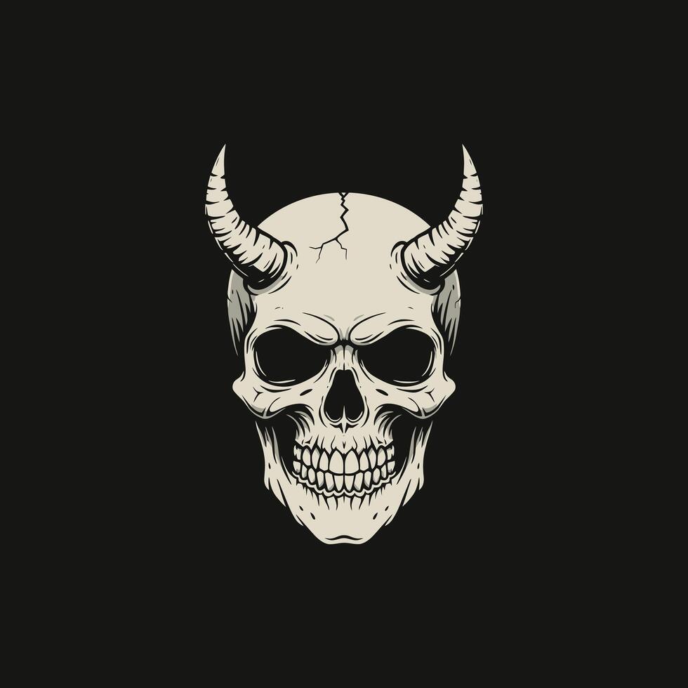 The image showcases a detailed illustration of a skull with horns against a solid black background creating a dark and ominous aesthetic. vector