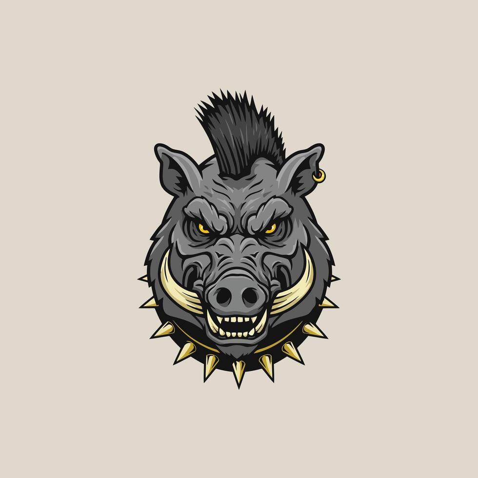 A fierce illustration of a wild boar head featuring a mohawk, spiked collar, and intense expression. vector