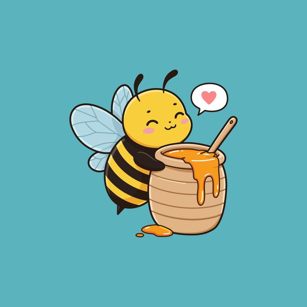 A happy cartoon bee proudly presents a pot of honey with a love speech bubble. vector