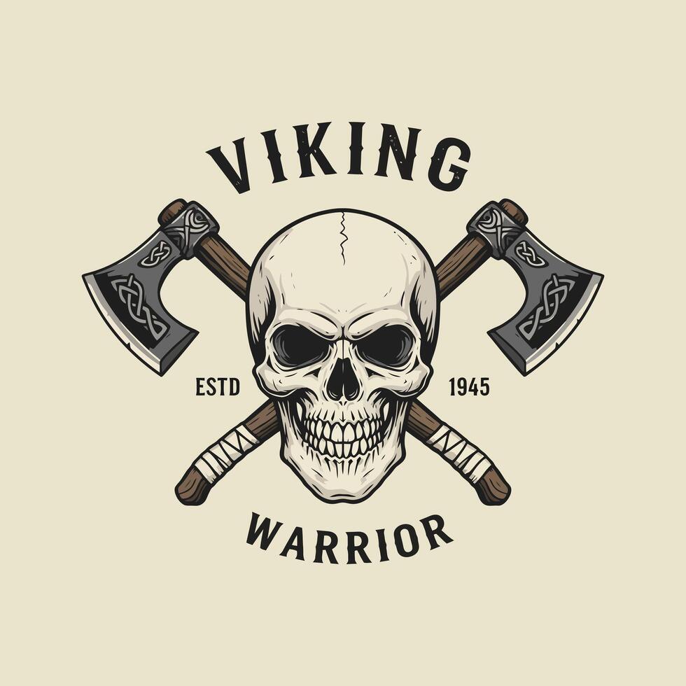 A vintage style logo featuring a skull between two crossed axes with Norse knotwork details. vector