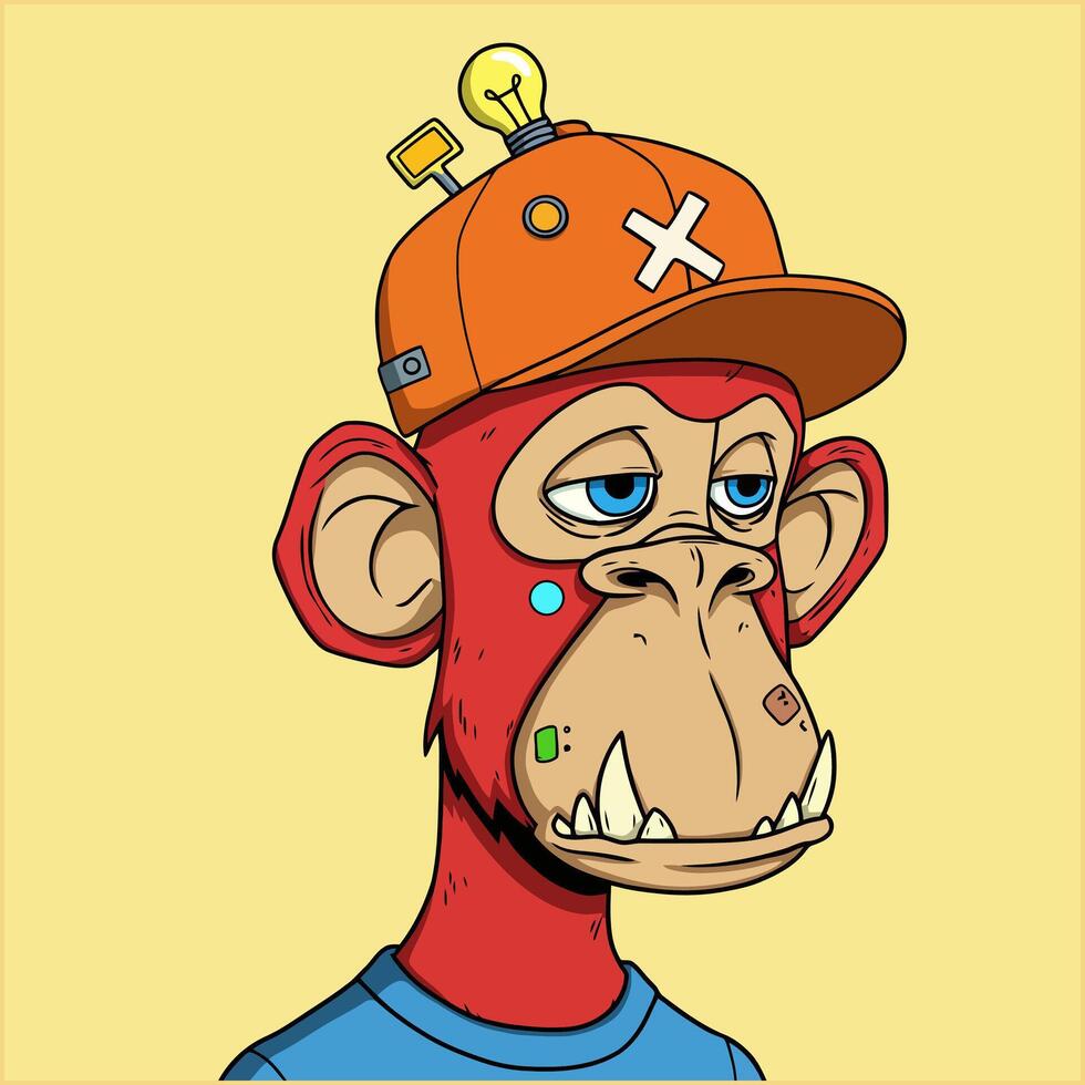 A stylized cartoon illustration of a red monkey wearing an orange cap with a lightbulb on top. vector