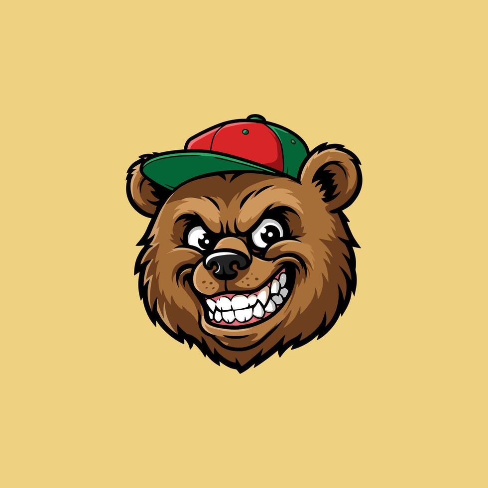 The image shows a cartoon illustration of a brown bears head wearing a red and green baseball cap and showing an aggressive grin. vector