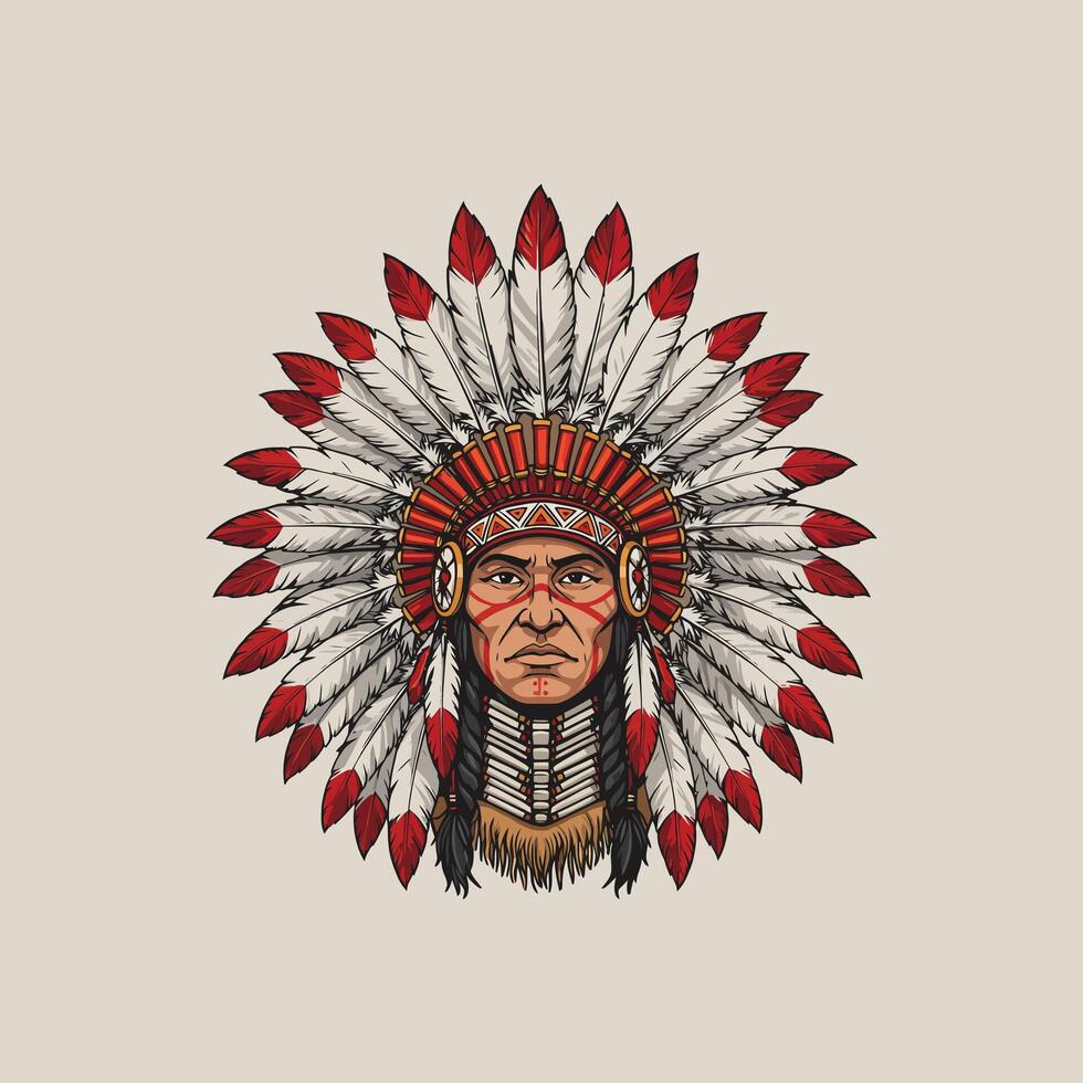 A stylized portrait of a Native American chief, adorned in a traditional headdress with red and white feathers. vector