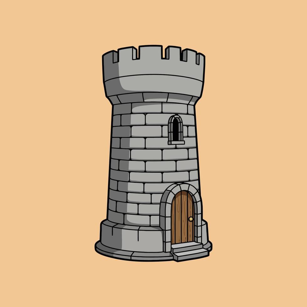 The image shows a cartoon illustration of a stone tower with crenellations, a wooden door, and a small window. vector