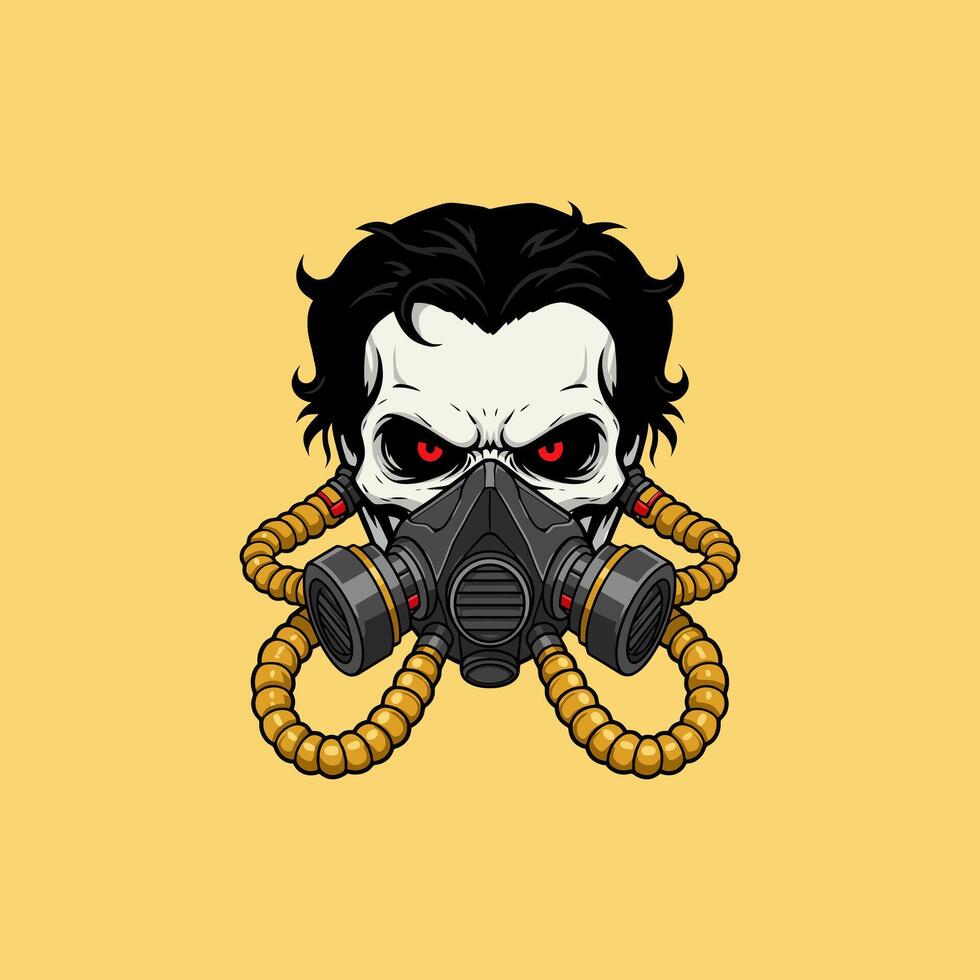 A stylized skull head wearing a gas mask with multiple tubes connected to it, presented against a yellow background. vector