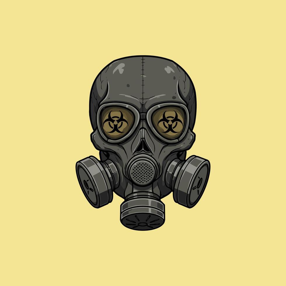 A stylized illustration depicts a skull wearing a gas mask with biohazard symbols visible through the eye pieces. vector