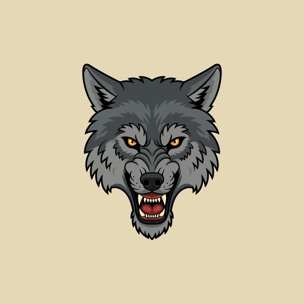 The image shows a stylized graphic design of a grey wolf's head snarling with bared teeth. vector
