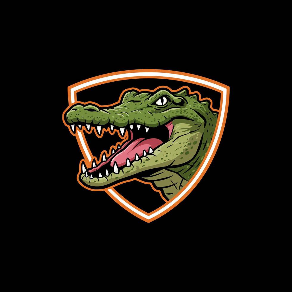 A stylized illustration of a crocodiles head inside an orange and white shield shaped logo. vector