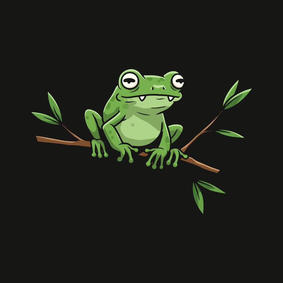 A cheerful cartoon illustration of a green frog perched on a leafy branch against a black background. vector