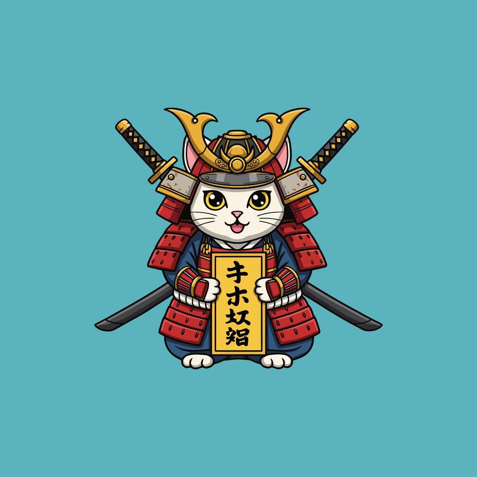 A cute cartoon cat dressed in a samurai suit holds a scroll, showcasing a blend of Japanese culture and adorable imagery. vector